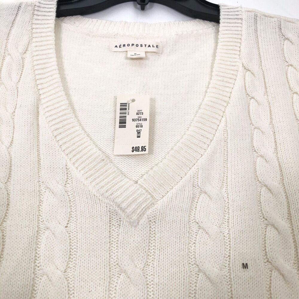 Aeropostale V-Neck Sleeveless Sweater Ivory Cable Knit Top Women's Size Medium